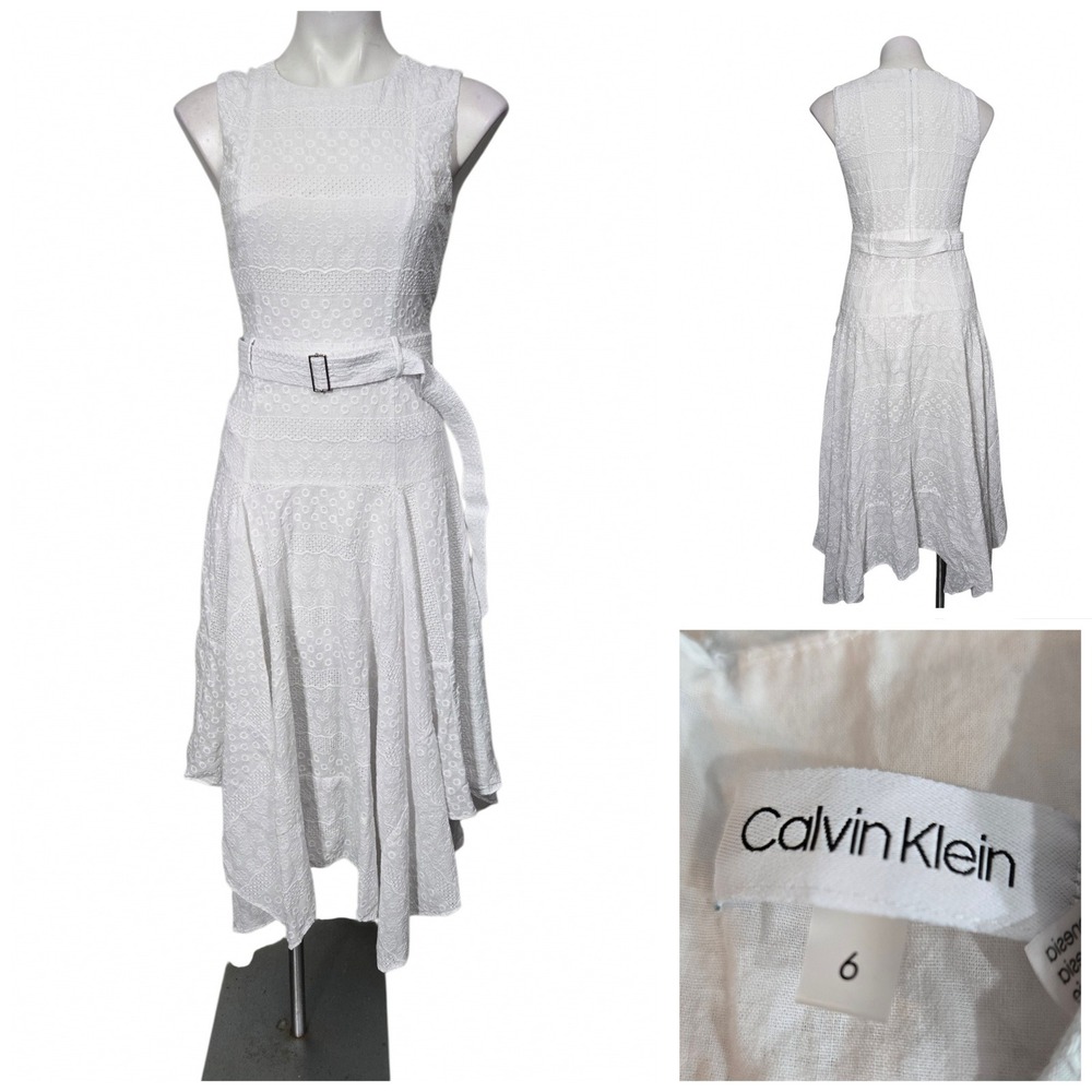 Calvin Klein Midi Dress 6 White Cotton Eyelet Lace Belted Handkerchief Hem